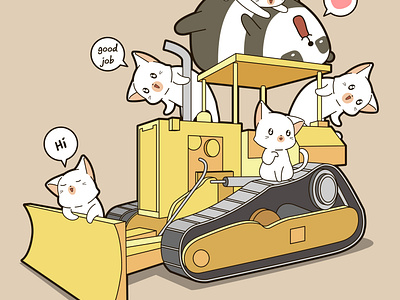 Cute cats and panda on tractor