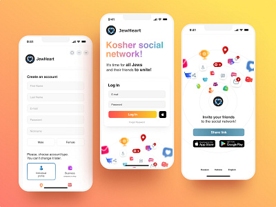 JewHeart Auth Mobile UI app auth design jews login registration ui ux