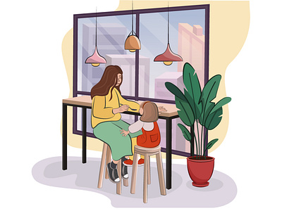 mother's routine 2022 2d app business cafe child cute daughter flat girl graphic design home illustration little girl morning mother summer vector web window