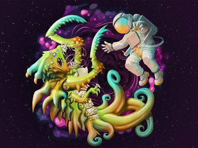 Unexpected encounter 2d alien art astronaut digital painting illustration space
