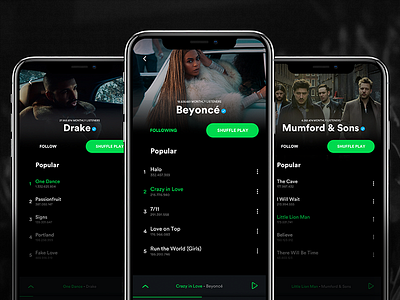 Spotify, Artist Pages (Iphone X) darkscreen interface mobile music player spotify uiux