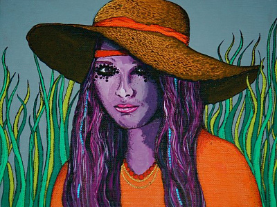 Lady in Grass acrylic canvas color garden grass hat painting