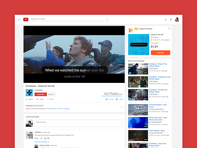 Youtube Redesign - Video page (while watching a music video) ad behance case study concept google music redesign startup video youtube