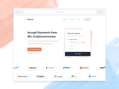 Cryptocurrency Payment Landing Page - Header bitcoin blue clean cryptocurriency header landing landing page orange ux web website