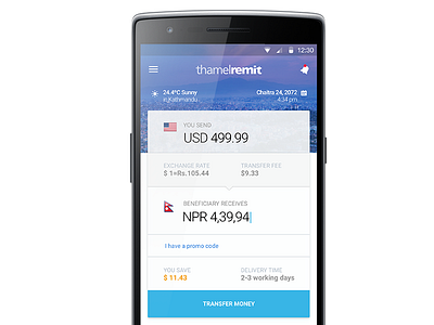 ThamelRemit Android Application Dashboard android app application design material design mobile phone ui uiux