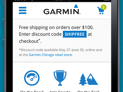 Garmin Mobile - Home Page blue cart cart indicator garmin hamburger menu home menu mobify mobile symbolset