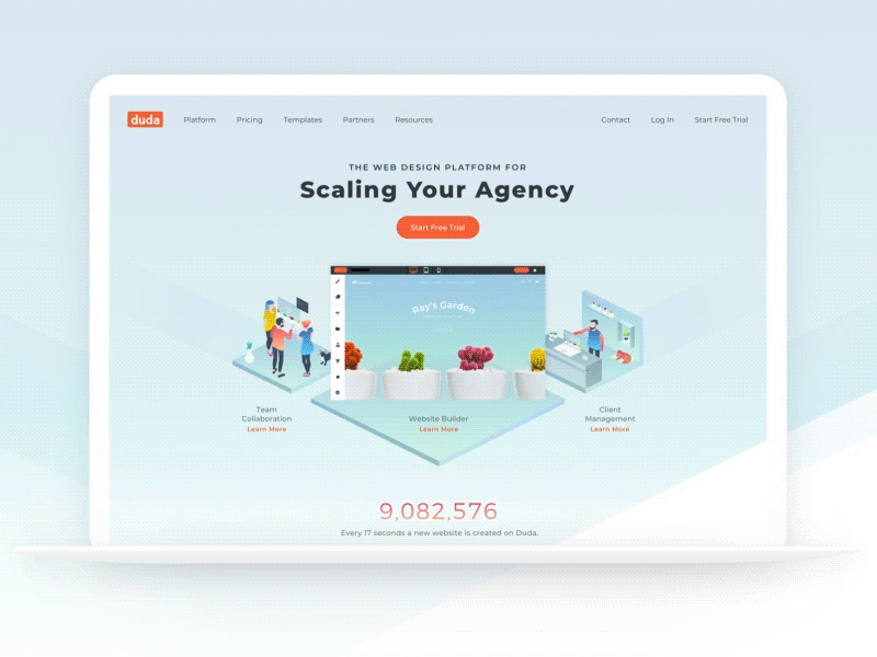Duda's New Website agency animation client management dog gradients icons isometric responsive scroll team collaboration web design website builder