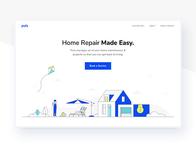 Redesign Exploration beach chair clouds dog female technician garage home homepage illustration kite parasol pomeranian repair trees typography ux web design