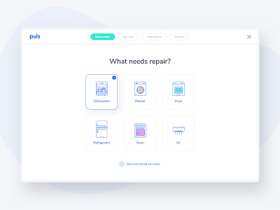 Home Appliances Repair Funnel ac appliances checkmark dishwasher dryer flow funnel home icons illustration product repair selected service tags ui ux web design