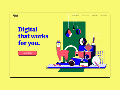 Digital llama agency website (WIP) alpaca bold colorful geometric illustration lamp llama patterns plant shapes texture ui ux web design yellow