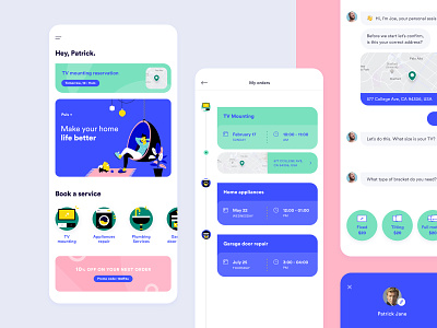 Consumer App application bubble chair chat chat bot coupon funnel home icons illustration lamp map mobile plant pomeranian product service slippers timeline ui ux