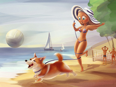 Illustration 2014. From the archive) 2d beach cartoon character dog funny game girl illustration sea