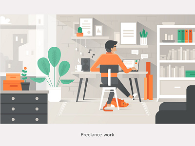 Freelance work 2d cat flat flowers freelance home illustration man space sunny work workspace