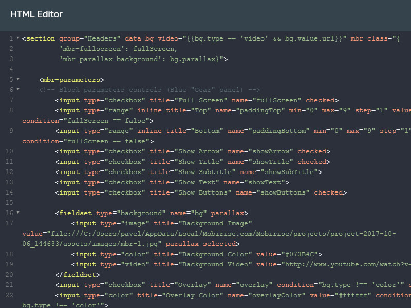 mobirise code editor custom html block free