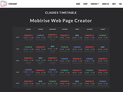 Mobirise Web Page Creator - Classes Timetable bootstrap htmlcode mobileweb templatedesign templatemonster webdesigner