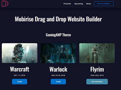 Mobirise Drag and Drop Website Builder - GamingAMP Theme bootstrap builder design digital download free html html5 mobile mobirise responsive software template web webdesign webdevelopment website website builder website creator website maker