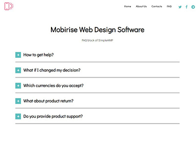 Mobirise Web Design Software - FAQ block of SimpleAMP bootstrap builder css3 design digital download free html5 mobile mobirise responsive software template web webdesign webdevelopment website website builder website creator website maker