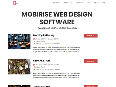 Mobirise Web Design Software - Event block of ChurchAMP Template