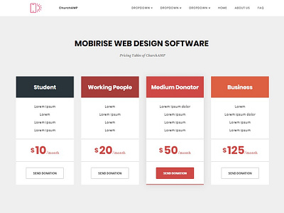 Mobirise Webdesign Software -  Pricing Tables of ChurchAMP