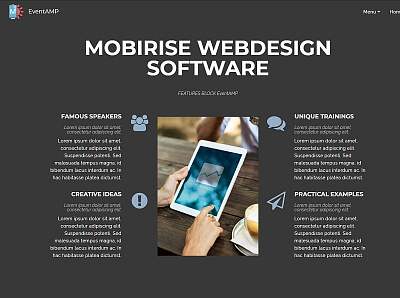 Mobirise Webdesign Software — Features BLOCK EventAMP bootstrap design html5 illustration logo responsive webdesign webdevelopment website website builder