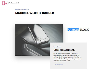 Mobirise Website Builder — Article Block WorkshopAMP Template bootstrap design responsive software webdesign webdevelopment website website builder website creator website maker