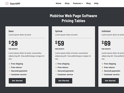 Mobirise Web Page Software — Pricing Tables DepotAMP