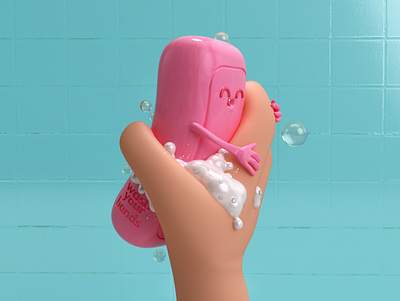 Wash your f*cking hands 3d bath bubbles c4d characterdesign coronavirus covid 19 dribbble pink render soap