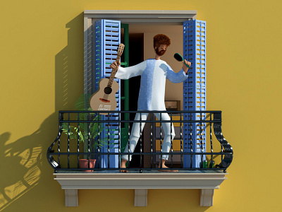 Balconing - the singer 3d 3dcharacter balcony c4d cinema4d confinement coronavirus covid19 illustration quarantine render singer