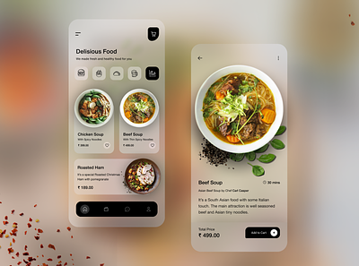 Glassy Food App ~ Design app appuidesign deliveryapp design figmadesign foodapp glassmorphism graphic design mobileuidesign ui ux