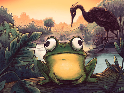 Frog children book illustration childrens art childrens book frog heron illustration kid art kid lit nature nature illustration pond whimsical