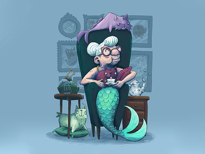 Mermaid Granny and her Cat-Fish cat lady cats character design childrens book childrens illustration fish granny illustration kidlitart kids illustration mermaid mermay tea
