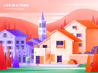 Life in a town - Bells ( PS ) bell tower dog illustration orange purple sunset town village woman womans zhang 张小哈
