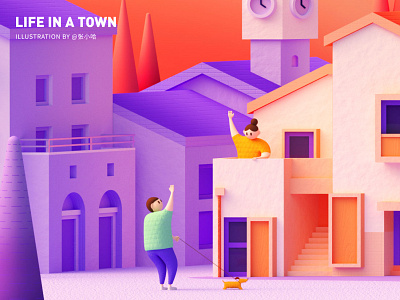 Life in a town - Bells ( C4D ) - Detail architecture bell tower boy c4d cinema 4d dog illustration orange purple town village woman womans zhang 张小哈