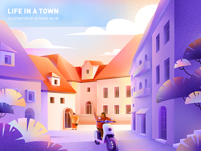 Life in a town - Morning air ( PS ) greeting greetings illustration italy landscape landscapes morning motorbike motorcycle orange purple red sunshine town 张小哈