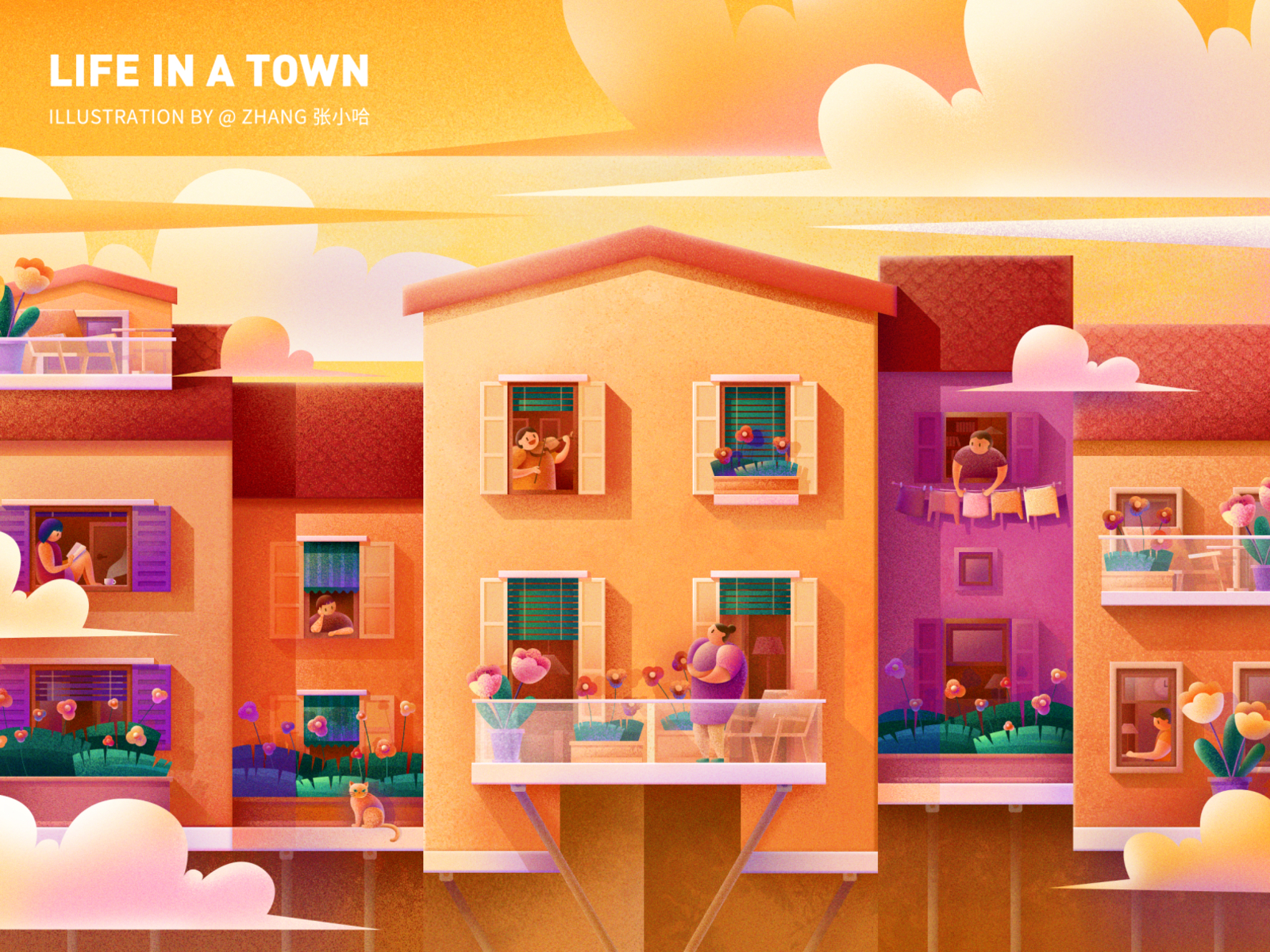Life in a town - Melody ( PS ) architecture design balcony cat cloud flower illustration italy music neighbor reading roof spring sunset town violin violinist window yellow zhang 张小哈