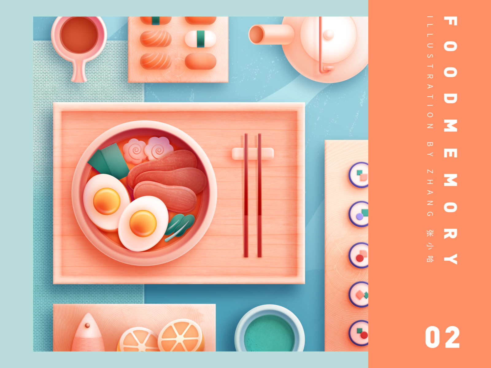 Food Memory - Ramen (PS) chopsticks dining dining table eat egg fish food food icon food icons foods illustration japan japanese lemon matcha meat ramen sushi teapot 张小哈