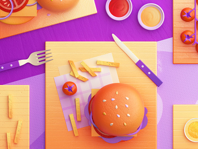 Food Memory — Hamburger (C4D) — Detail 3d breakfast c4d eat fast food food food icon food icons hamburger illustration zhang 张小哈