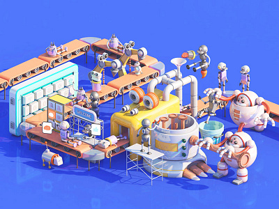 C4D practice Robot Factory 3d c4d illustration isometric robot 张小哈