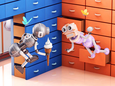 Two robots fall in love with each other 3d c4d cinema 4d illustration robot 张小哈