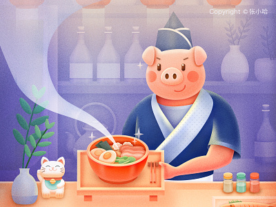 Izakaya at Night 2019 chef fish food hand pulled noodles illustration izakaya maneki neko noodle pig restaurant tonkotsu ramen vase 张小哈