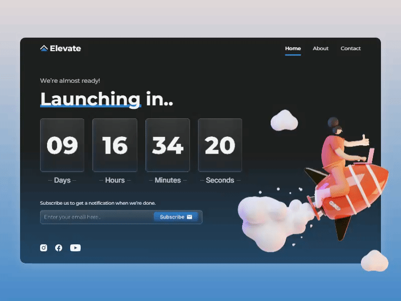 Elevate - Countdown Timer Page animation blue countdown countdown page dark dark theme design event timer ui ux web design website website design