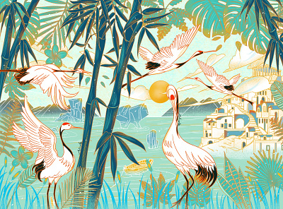 jungle crane illustration drawings illustration painting procreate