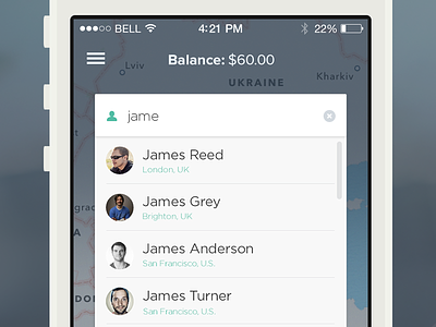 User Selection balance location mobile money payment receive search send user