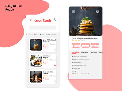 Daily UI #040 - Recipe adobe xd brunch challenge cook cookies daily ui design graphic design illustration ingredients interface kitchen mobile pancakes recipe ui ux waffle