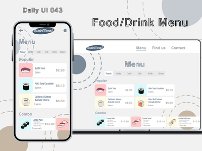Daily UI #043 - Food/Drink Menu 043 adobe xd challenge daily ui dailyui design desktop food fooddrink menu ipad laptop menu mobile phone procreate sushi ui ux