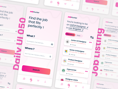 Daily UI #050 - Job Listing 050 50 adobe adobe xd app challenge daily ui dailyui design hunter interface job job listing listing middle pink ui ui designer ux ux designer