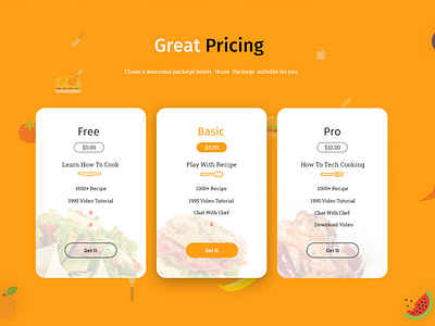 Pricing table concept for food and recipe site.