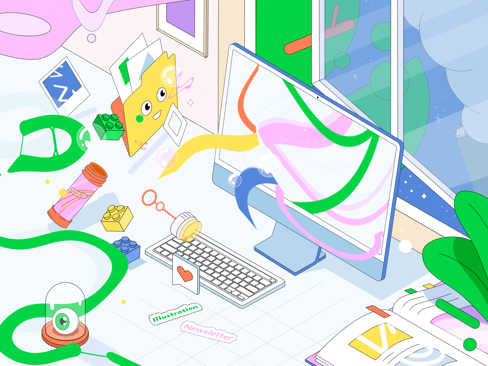 World of inspirations abstract character design desk future illustration inspiration isometric outline source time vector workspace