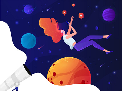 Girl in space character design flat floating flying girl illustration like planet socialmedia space ui vector woman