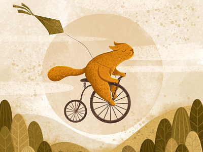 Summer mood bicycle book cat character children cloud design flat flying illustration kidlit kitty photoshop postcard procteate rastr sky summer texture tree